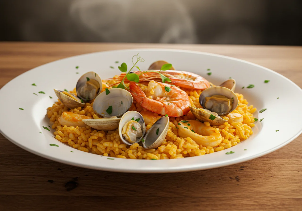 Delicious Arroz de Marisco à Moda de Nazaré Rico served in a bowl, perfect for seafood lovers.