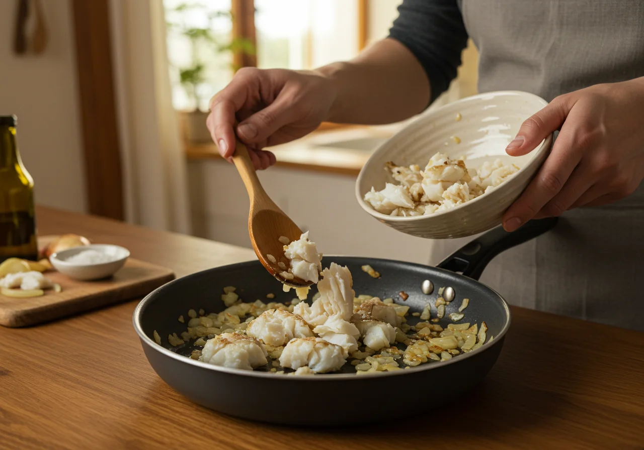 Bacalhau desfiado misturado com cebolas refogadas na receita tradicional de Vila Real.