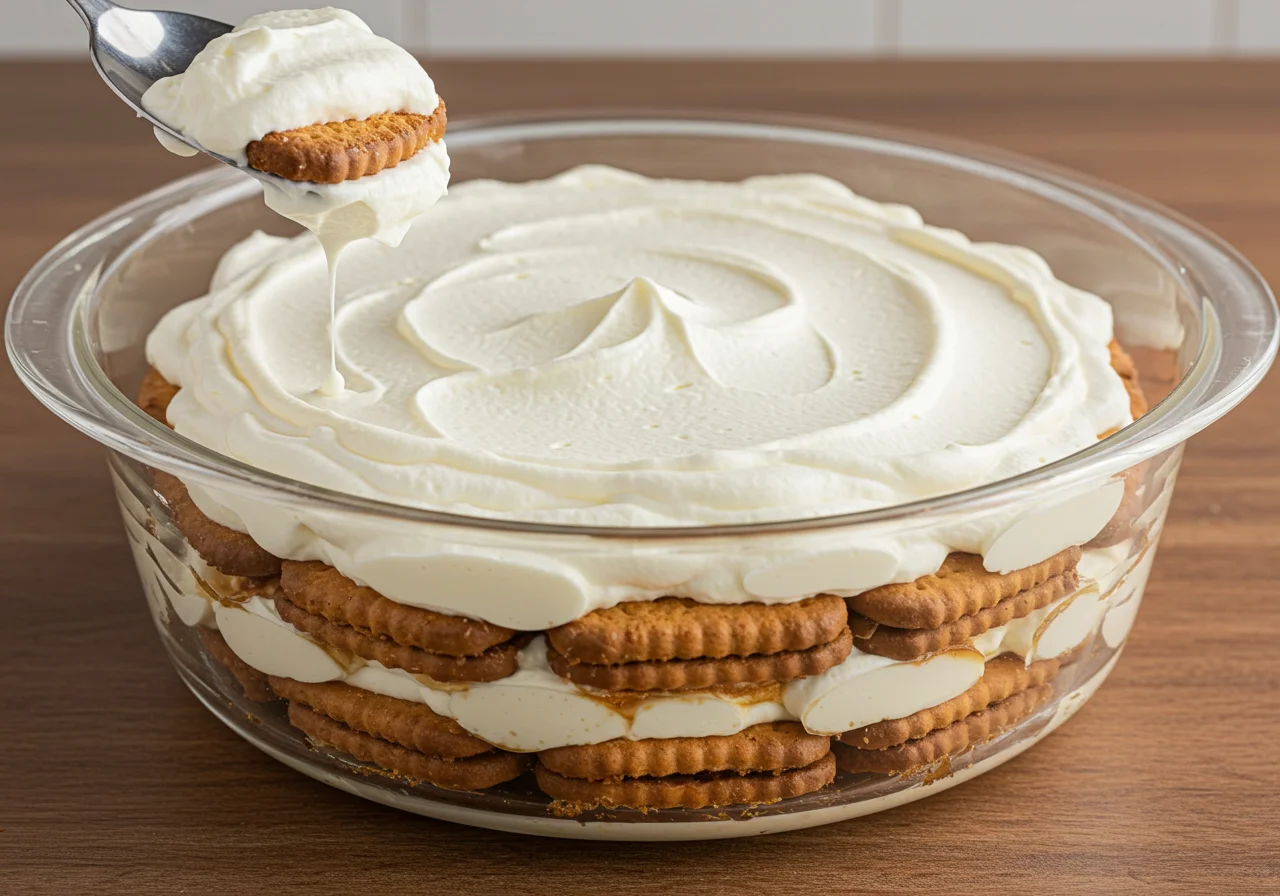 Camadas de bolacha e creme de leite batido para bolo de bolacha tradicional portuguesa.
