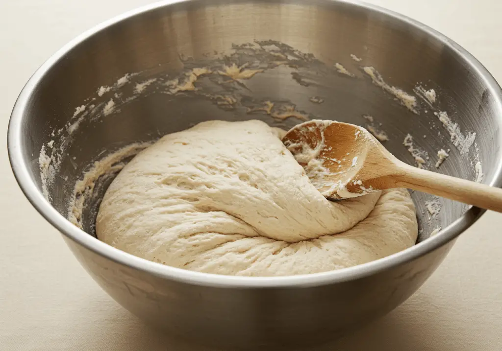Preparando a massa fofa para a pizza ao estilo de Detroit com farinha e água.