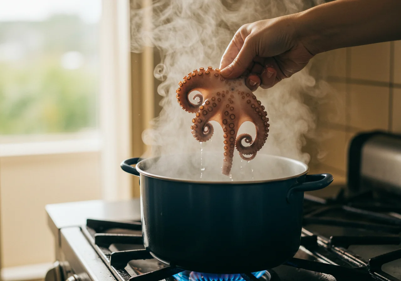 Polvo sendo cozido em água fervente para a receita de Polvo à Lagareiro Saboroso.