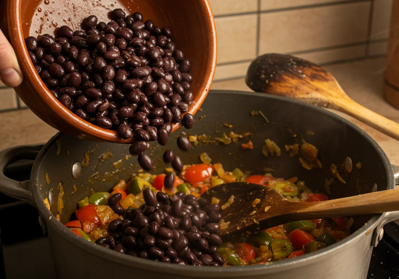 Feijão preto sendo adicionado às verduras refogadas para a sopa de feijão com hortaliça.