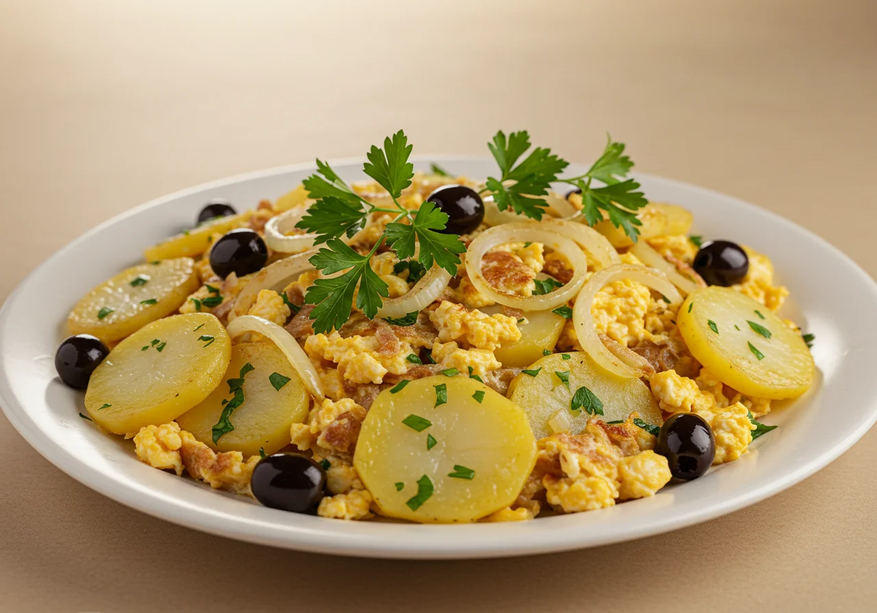 Platter of traditional alho francês à brás garnished with parsley and olives.