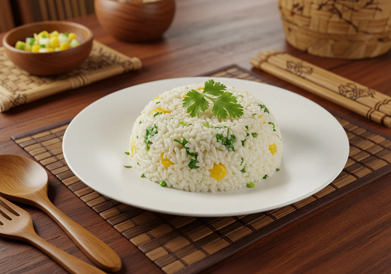 Arroz carolino tradicional servido em um prato, decorado com ervas frescas, ideal para uma refeição caseira.