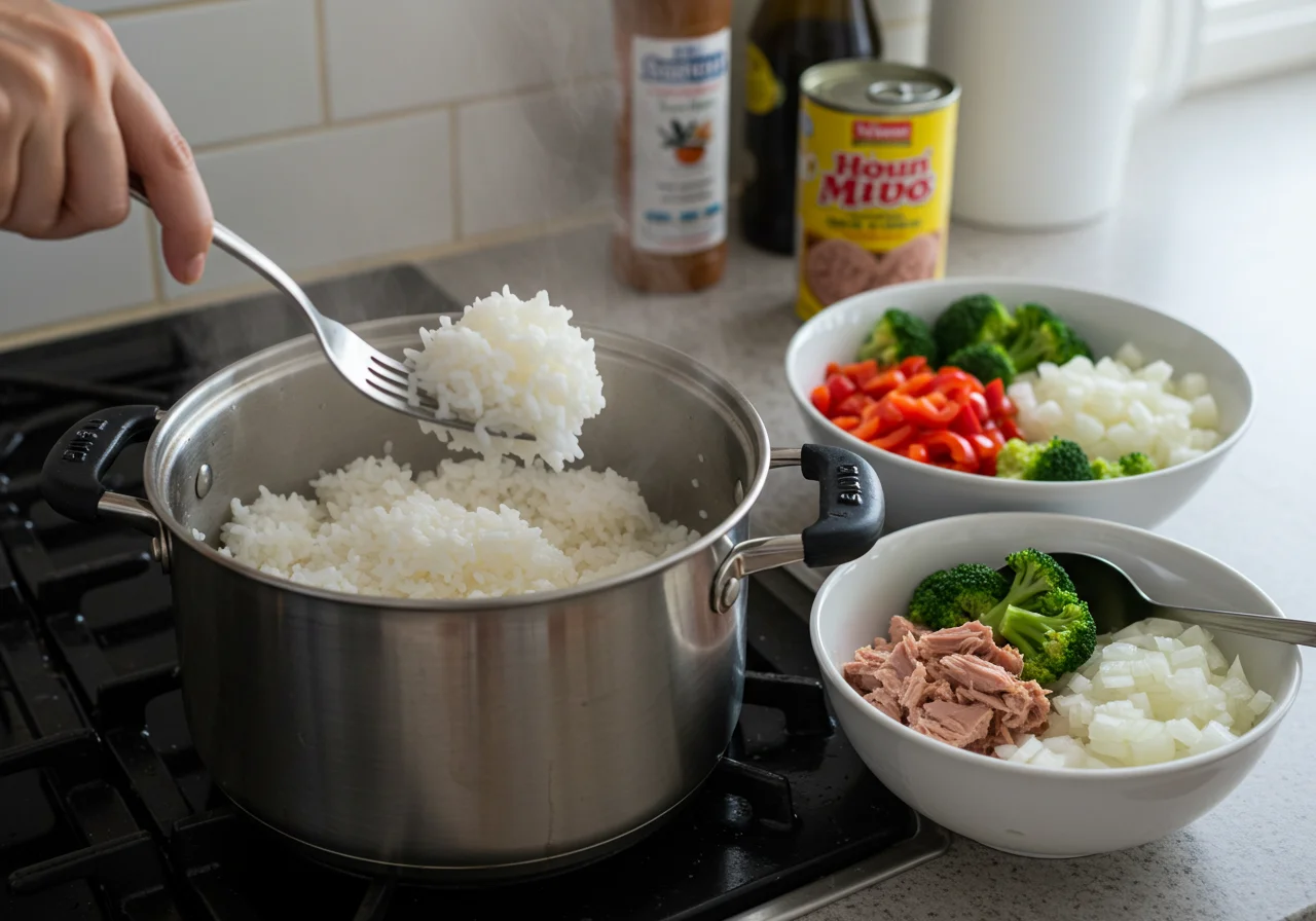Fluffed rice in a pot, a key step in making Arroz de Atum light.