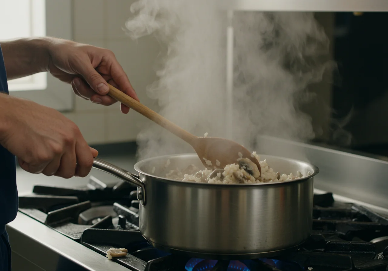 Cooking the rice and mushrooms for arroz de cogumelos on the stovetop.