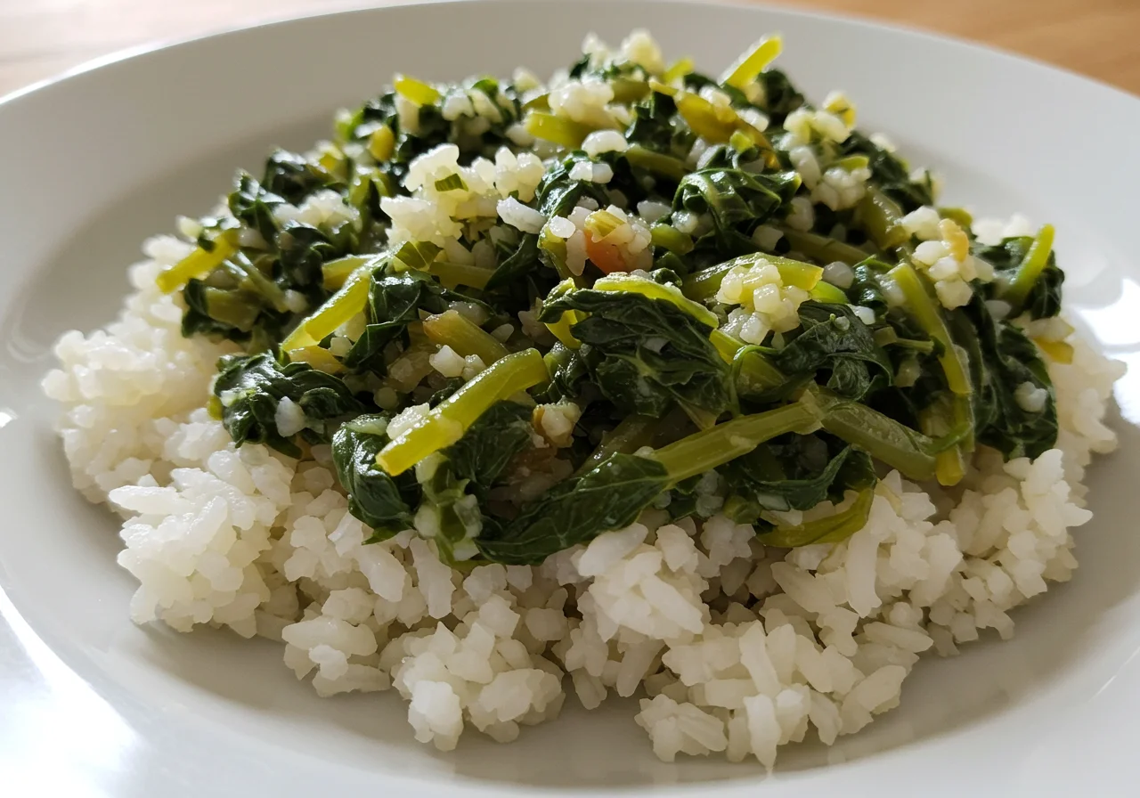 Plating healthy Arroz de Grelos, highlighting the greens and fluffy texture of the rice.