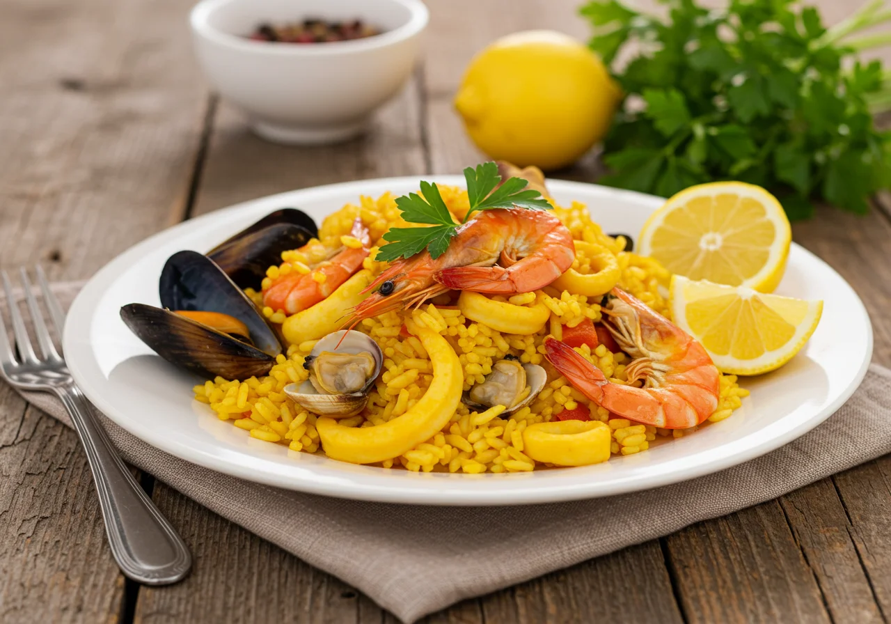 Arroz de Marisco à Moda de Espinho Saboroso, um prato rico em frutos do mar e sabores vibrantes.