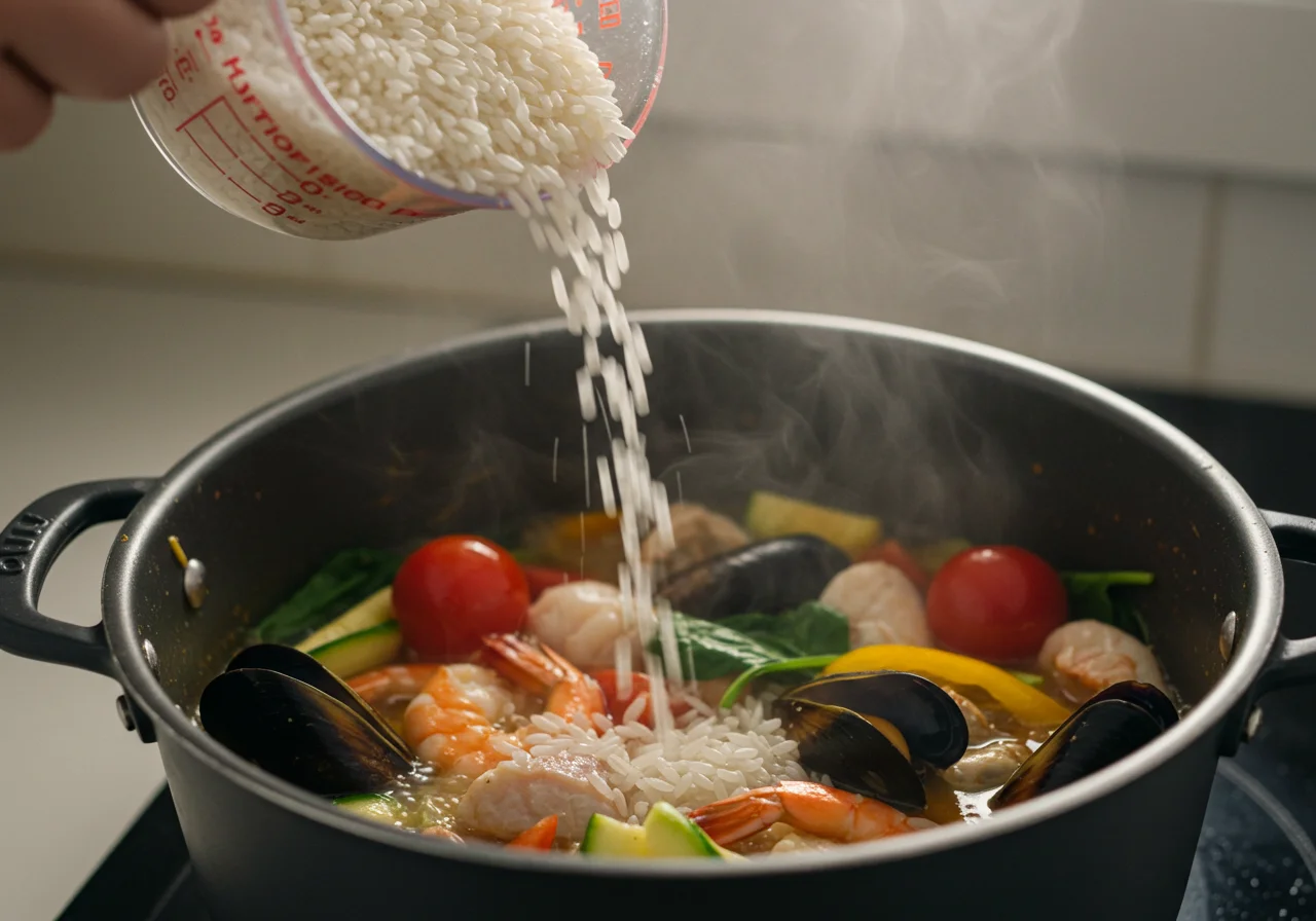 Arroz sendo adicionado ao caldo saboroso para Arroz de Marisco à Moda de Espinho Saboroso.