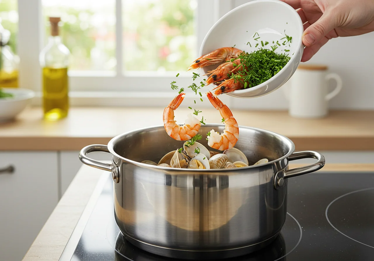 Adding fresh seafood to the rice mixture for the traditional Arroz de Marisco dish.
