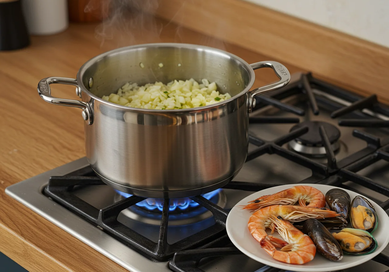 Sautéing rice with onions, garlic, and seafood for Arroz de Marisco à Moda de Nazaré Rico.