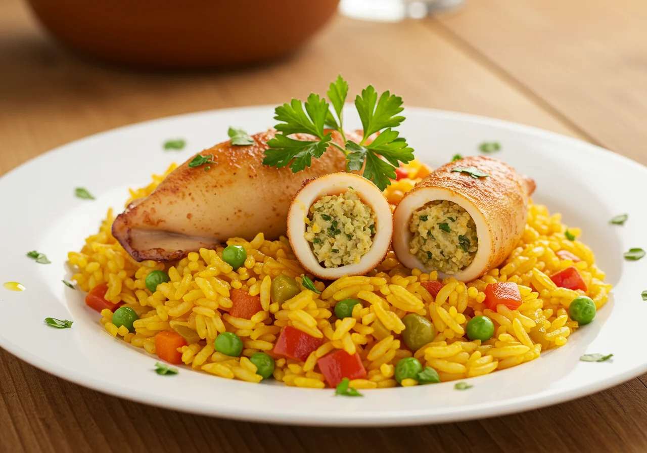 Delicious Arroz de Pota served with stuffed calamari and garnished herbs.