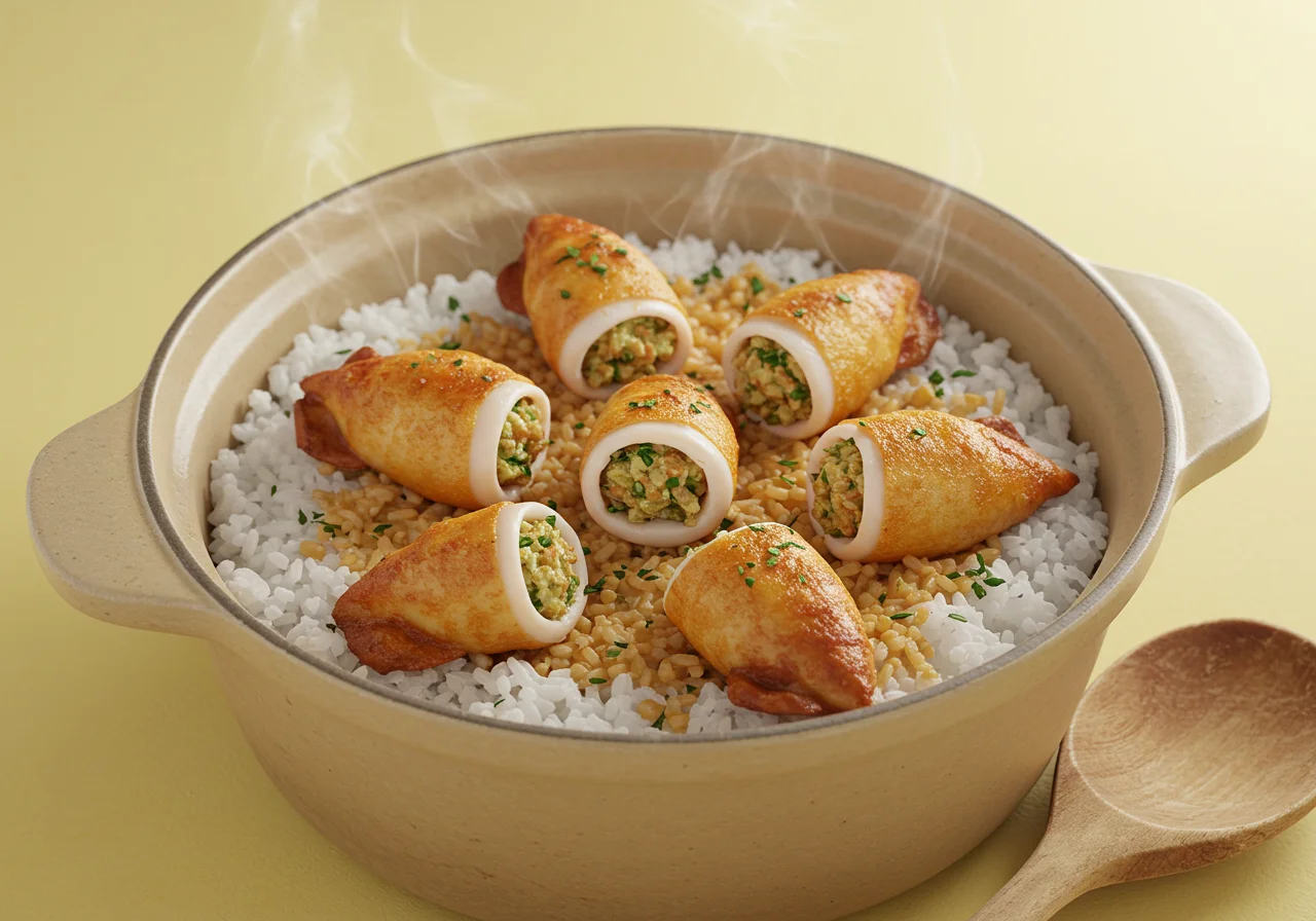 Arranging stuffed calamari on top of rice for cooking Arroz de Pota.