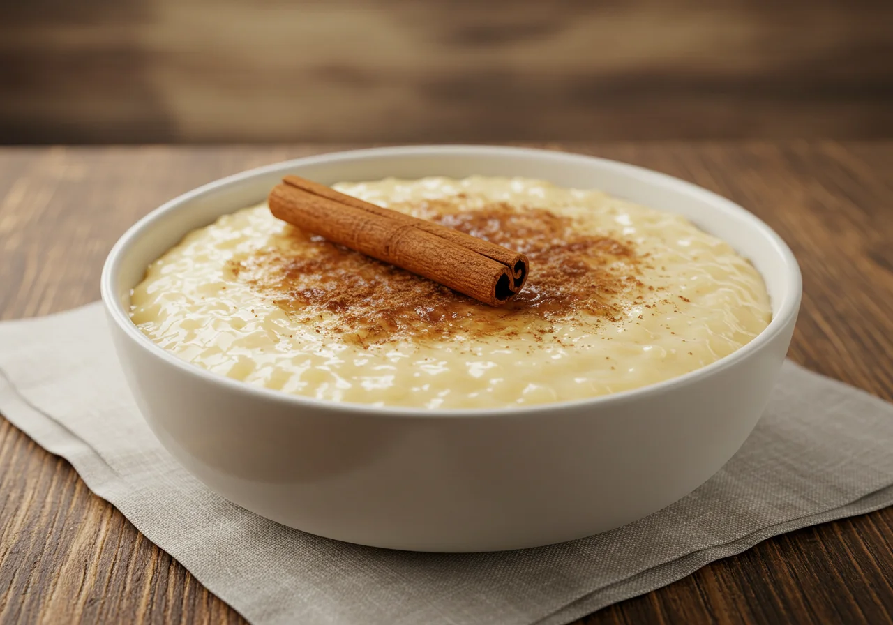 Bowl de arroz doce à moda antiga decorado com canela, perfeito para sobremesa.