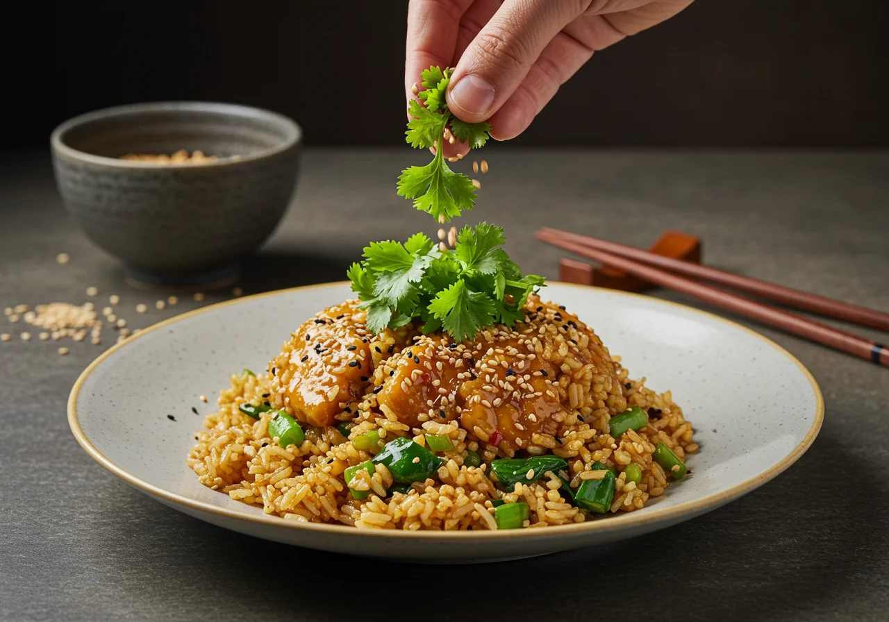Plated arroz xau xau ready to be served, beautifully garnished for a delightful meal.