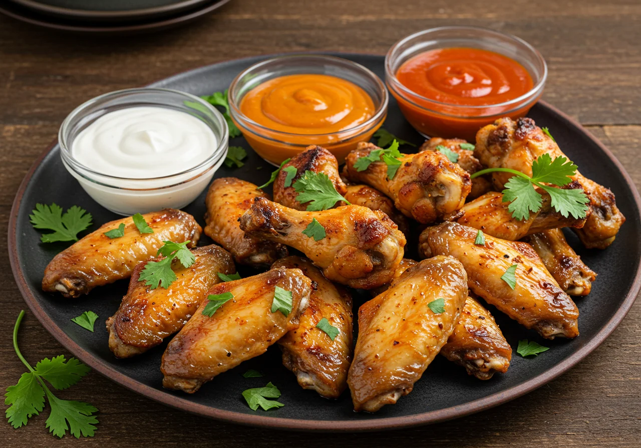 Asas de frango no forno perfeitamente assadas em um prato, prontas para servir.