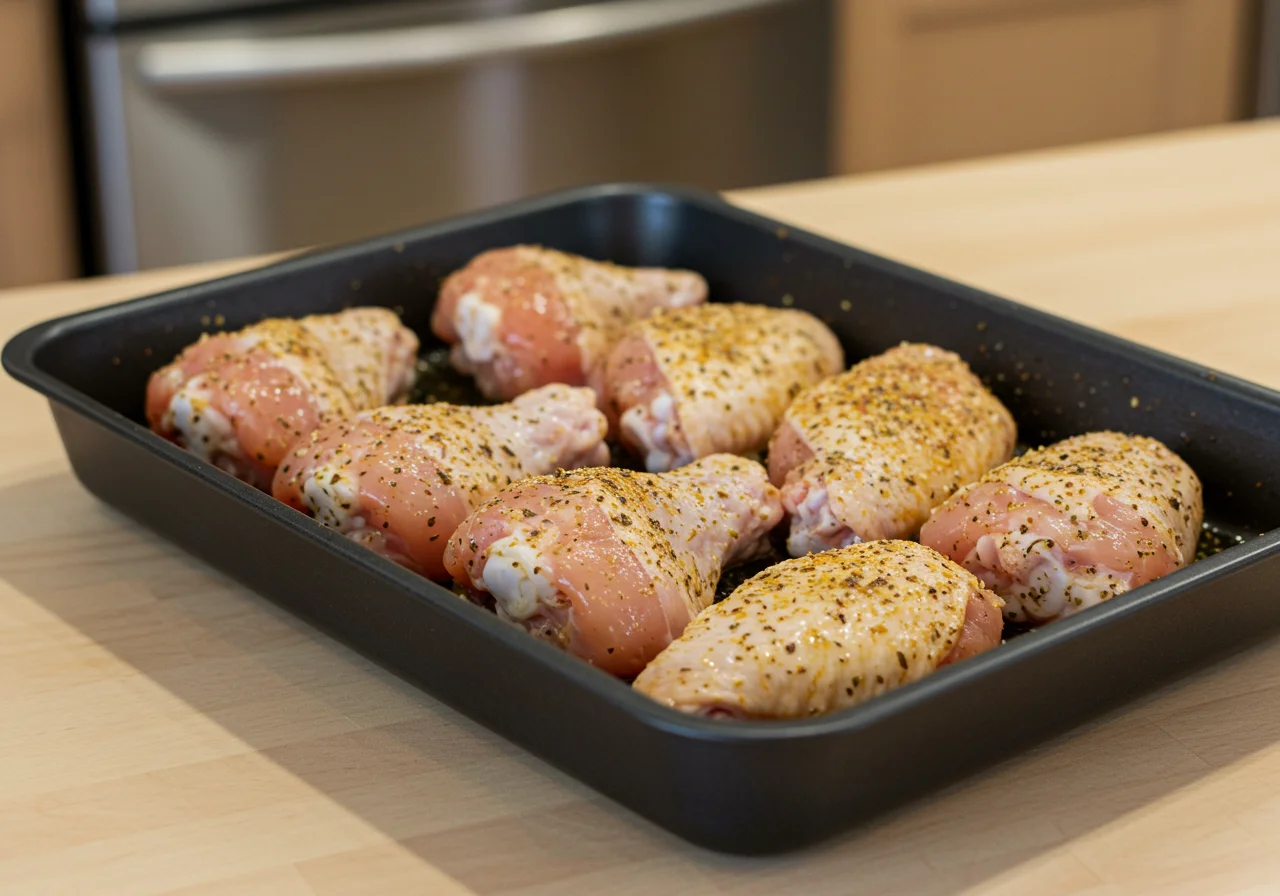Asas de frango temperadas em um prato de assar para asas de frango no forno.