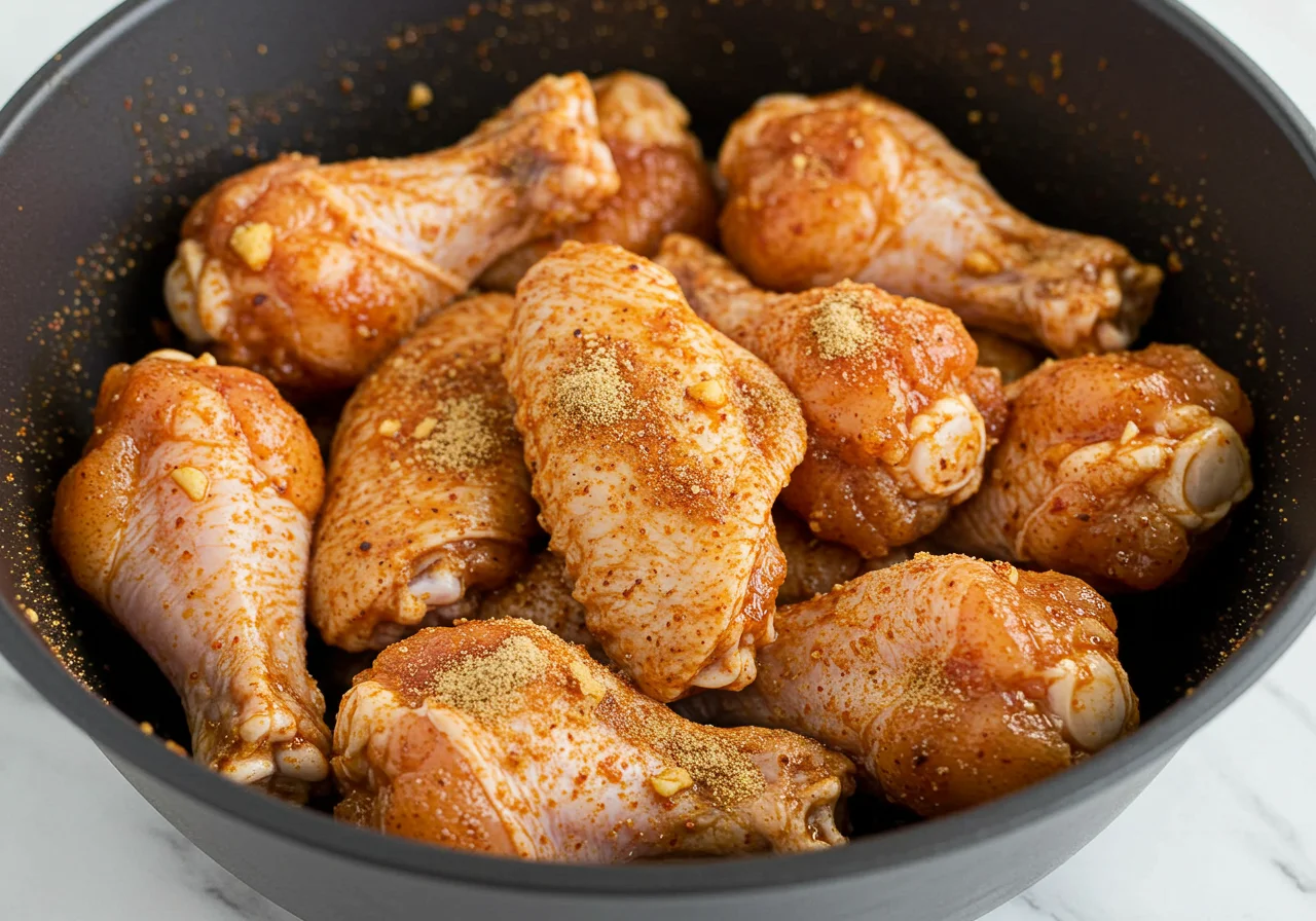 Asinhas de frango marinadas preparadas para airfryer com ervas e temperos.