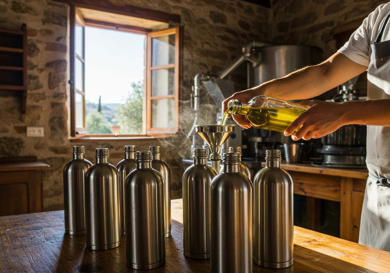 Bottles filled with natural and pure olive oil ready for packaging.