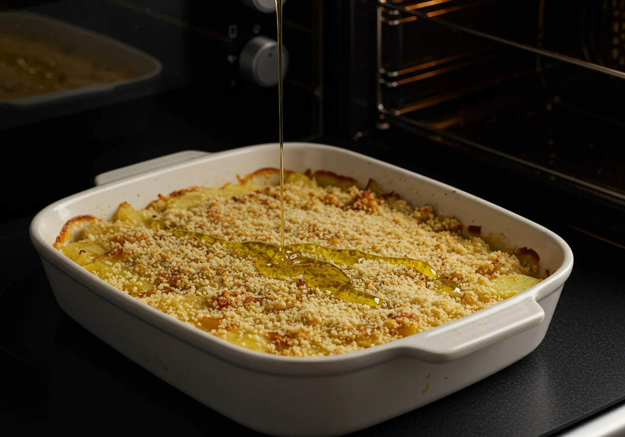 Baking dish ready for the oven with Bacalhau à Conde da Guarda mixture topped with breadcrumbs.
