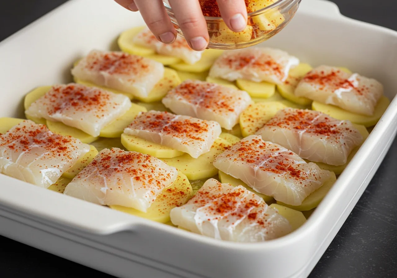 Camadas de Bacalhau e batatas preparadas para assar na receita tradicional de Bacalhau à Moda de Vila Real.