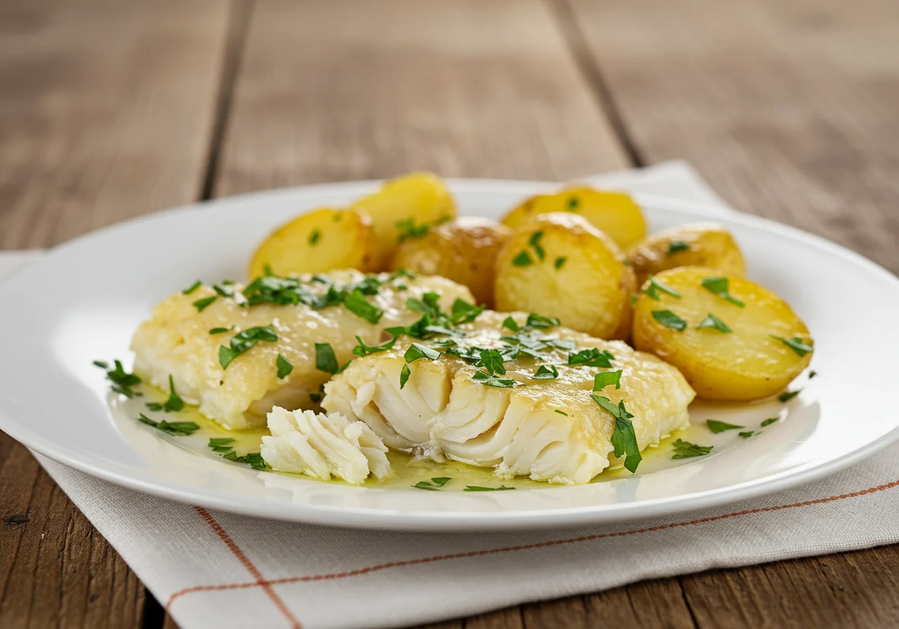 Prato final de bacalhau demolhado macio, decorado com salsa e batatas assadas.