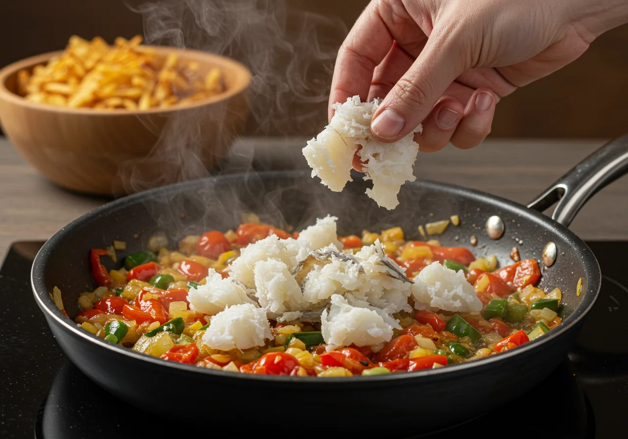 Bacalhau desfiado misturado com legumes refogados para a receita rápida de bacalhau à brás.