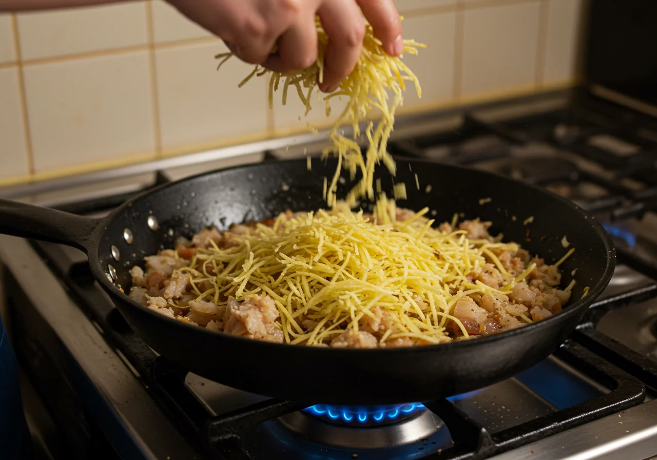 Batata palha sendo adicionada ao bacalhau desfiado para completar a receita de bacalhau à brás.