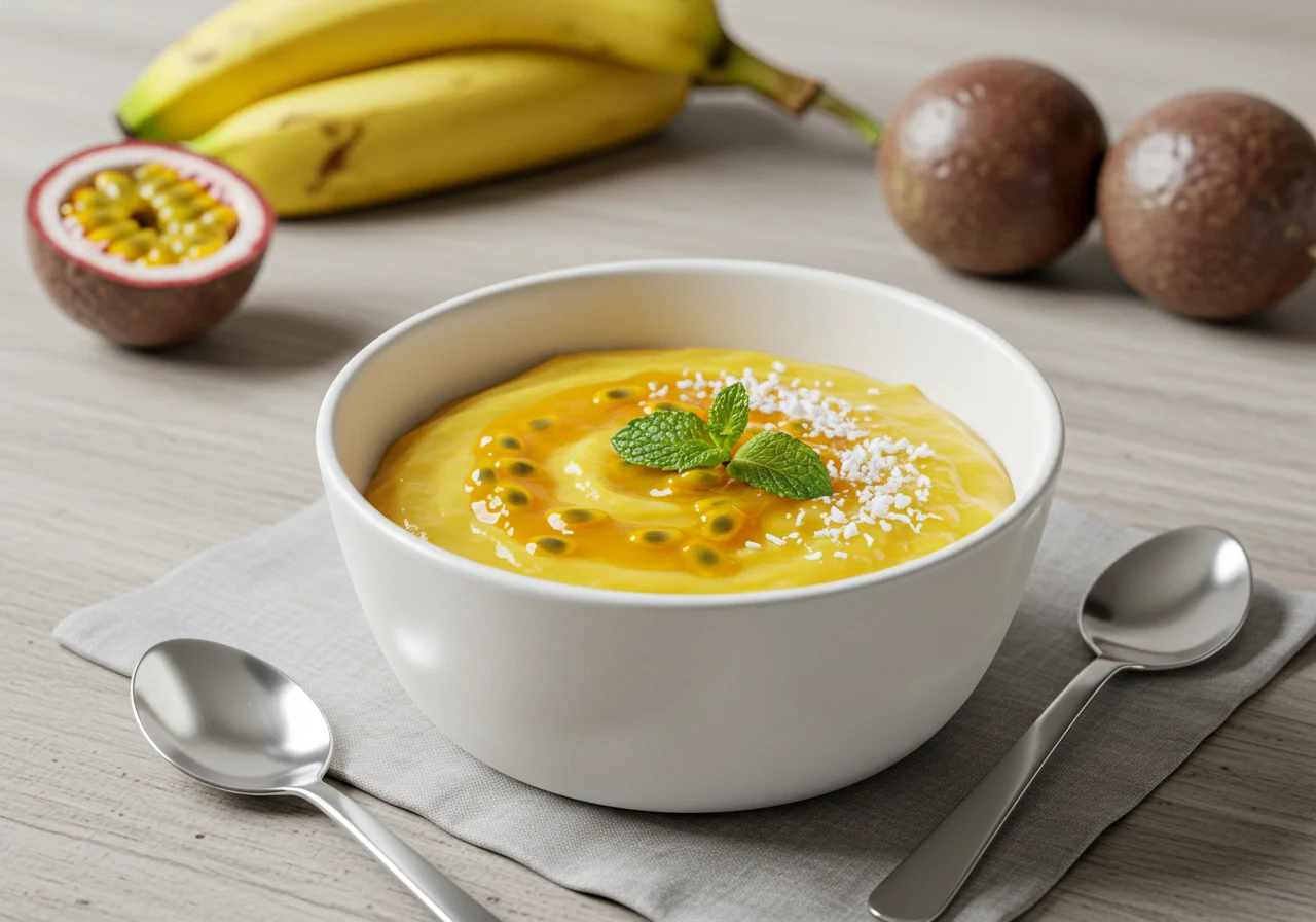 Elegant presentation of banana com polpa de maracujá dessert, showcasing the flavors of banana and passion fruit.