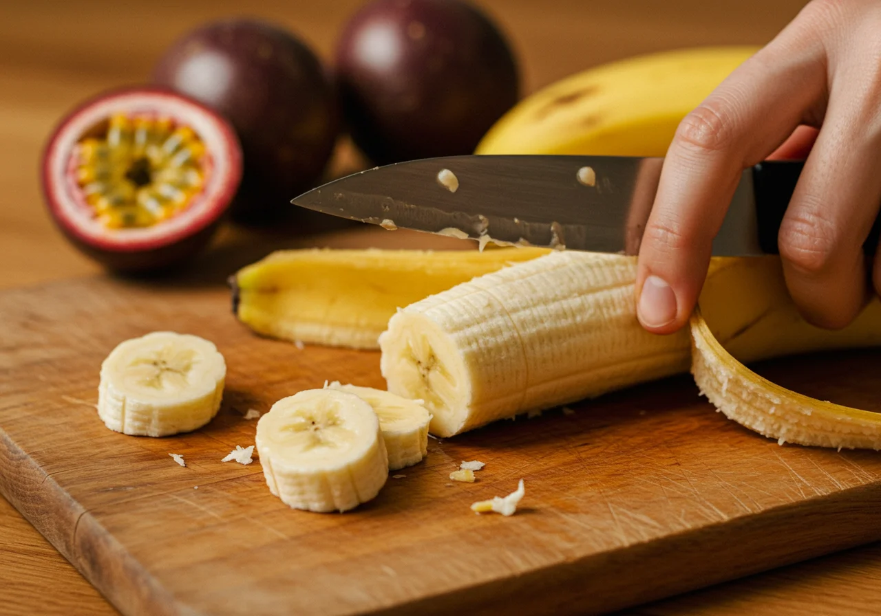 Bananas being sliced to prepare banana com polpa de maracujá.