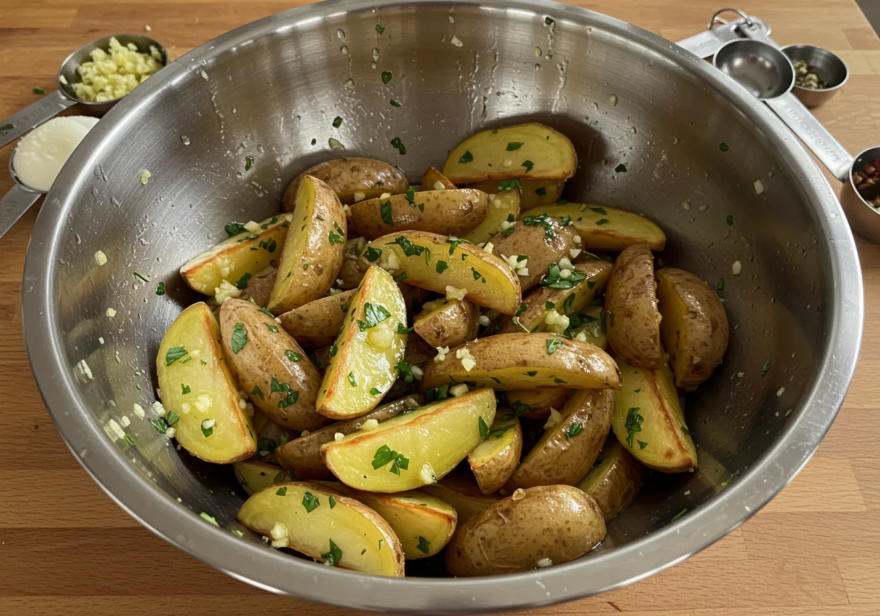 Mistura de batatas e temperos para assar no forno crocante.