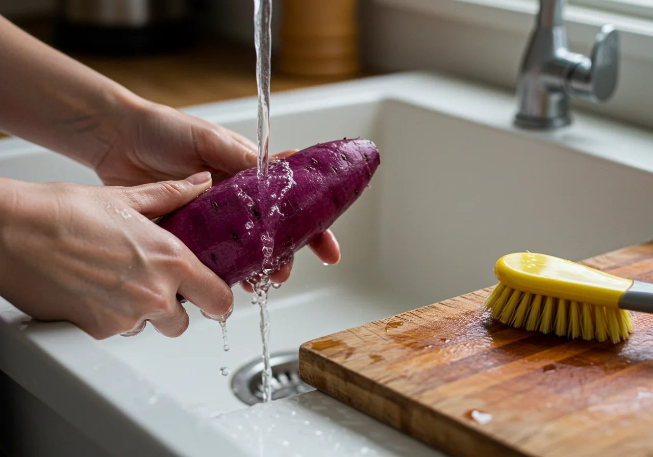 Batata doce roxa sendo lavada antes de assar.