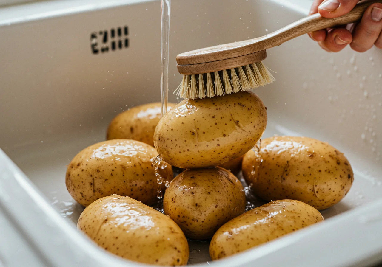 Batata frita na air fryer, frescas sendo lavadas para a receita saudável.