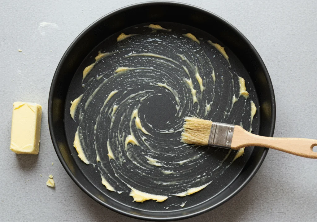 Preparação de forma untada com manteiga para bolo de ananás tradicional.