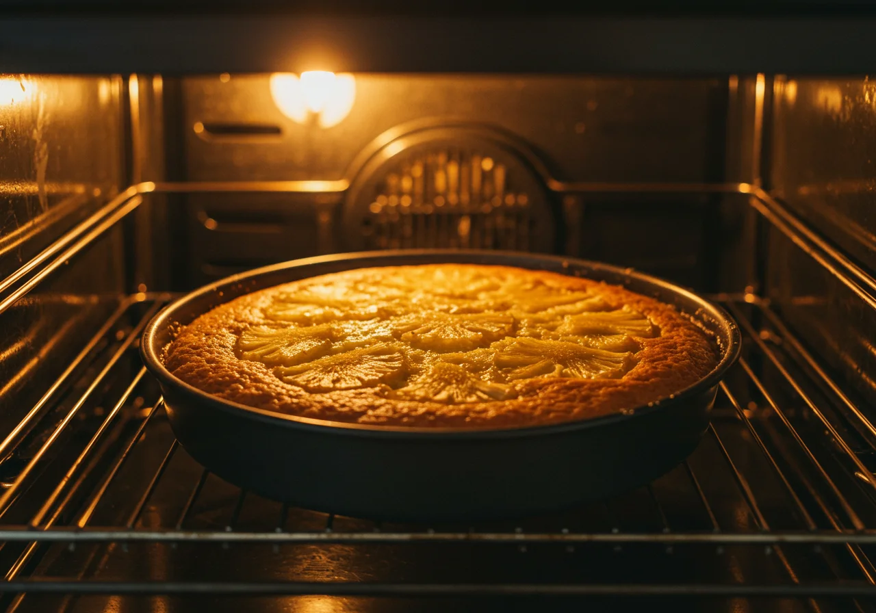 Bolo de ananás tradicional assando no forno, com um visual delicioso.