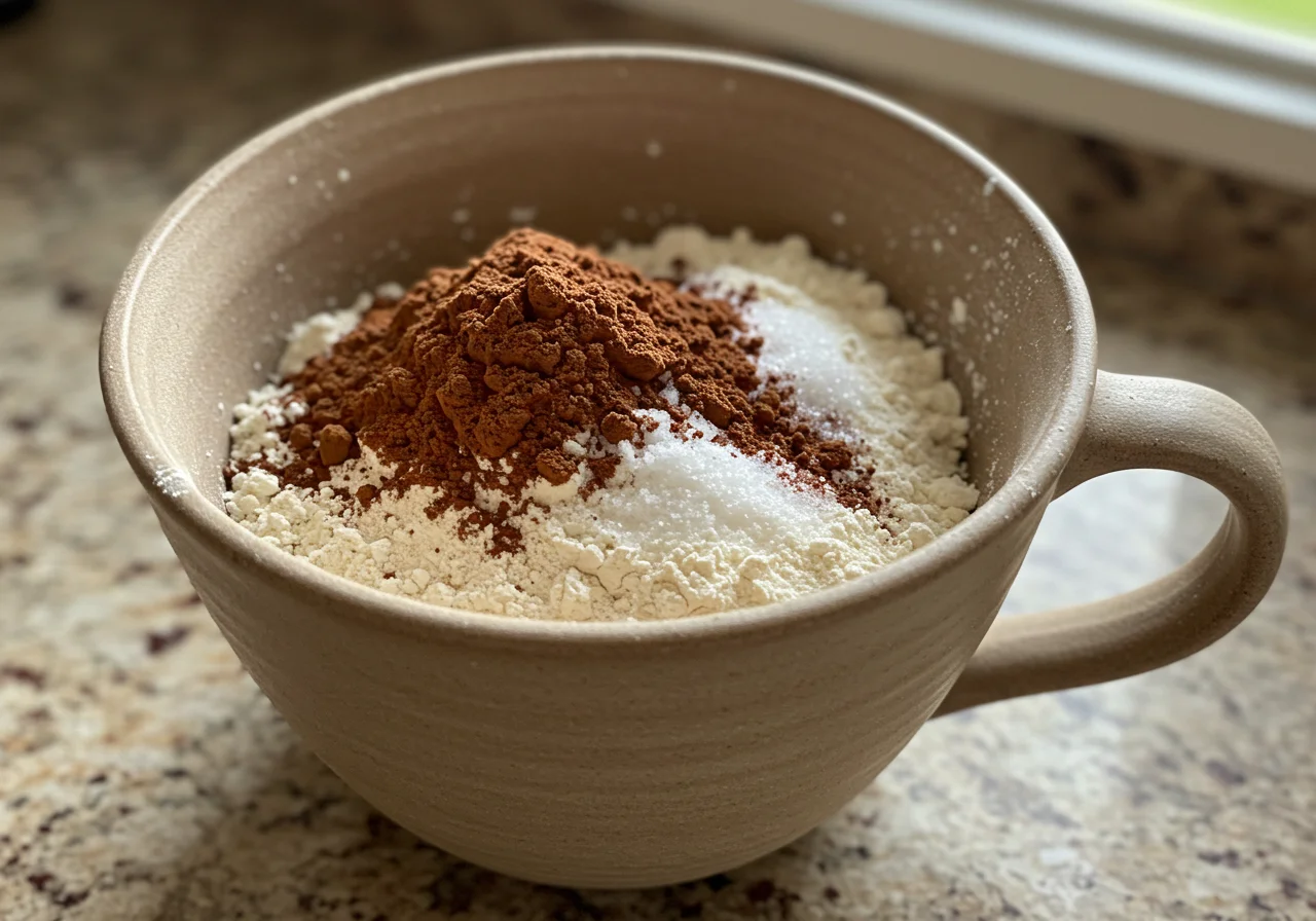Ingredientes para bolo de caneca de chocolate em uma caneca pronta para o preparo.