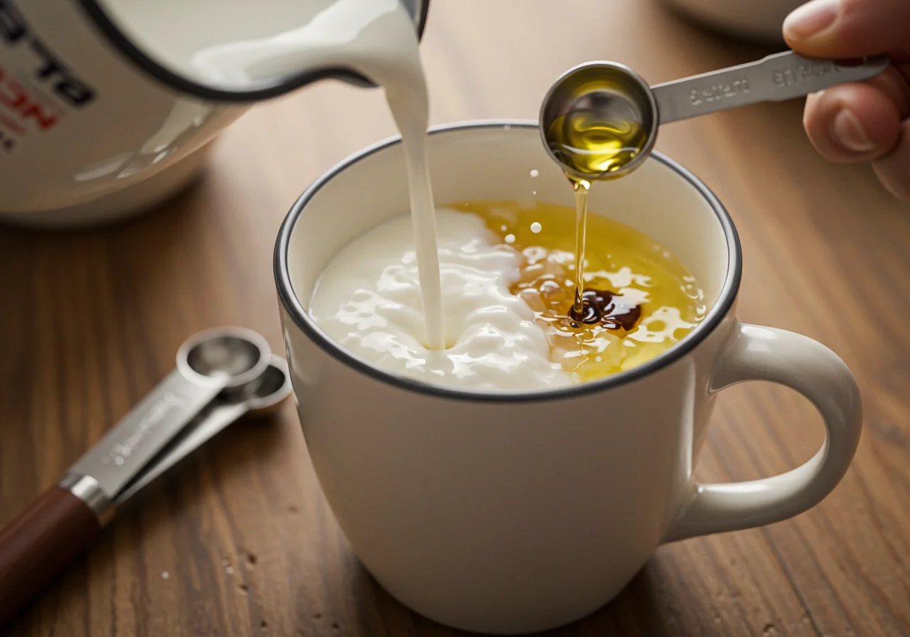 Mistura de leite, óleo vegetal e extrato de baunilha sendo adicionada ao bolo de caneca de chocolate.