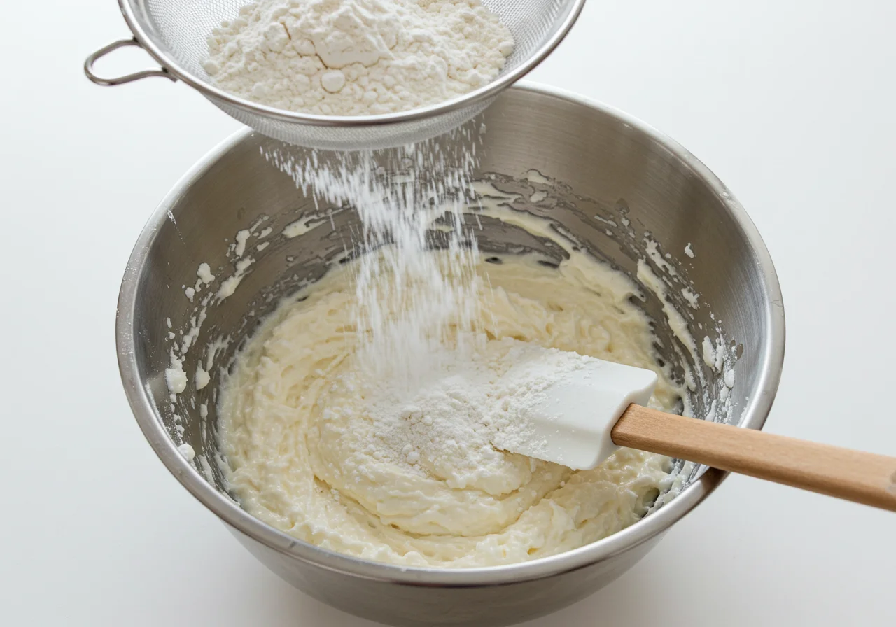 Farinha e fermento sendo peneirados na mistura do bolo de coco.
