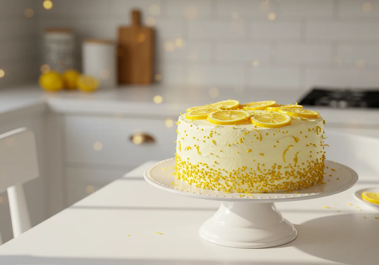 Bolo de limão úmido finalizado, decorado com fatias de limão, perfeito para servir.