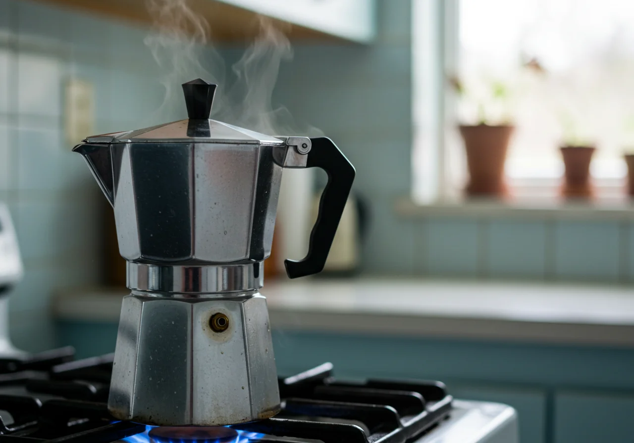 Brewing coffee for traditional café pingado in a cozy kitchen.
