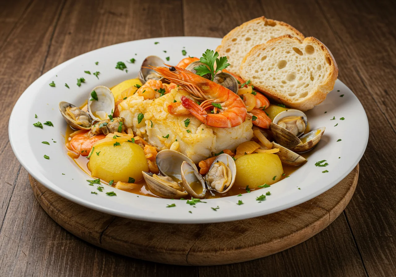 Delicious cataplana de peixe served with fresh parsley and rustic bread, perfect for sharing.