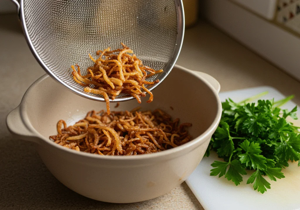 Crispy fried onions draining in a colander for cebola frita crocante.