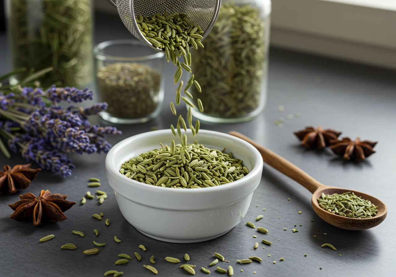 Fennel seeds measured for preparing chá de funcho natural.
