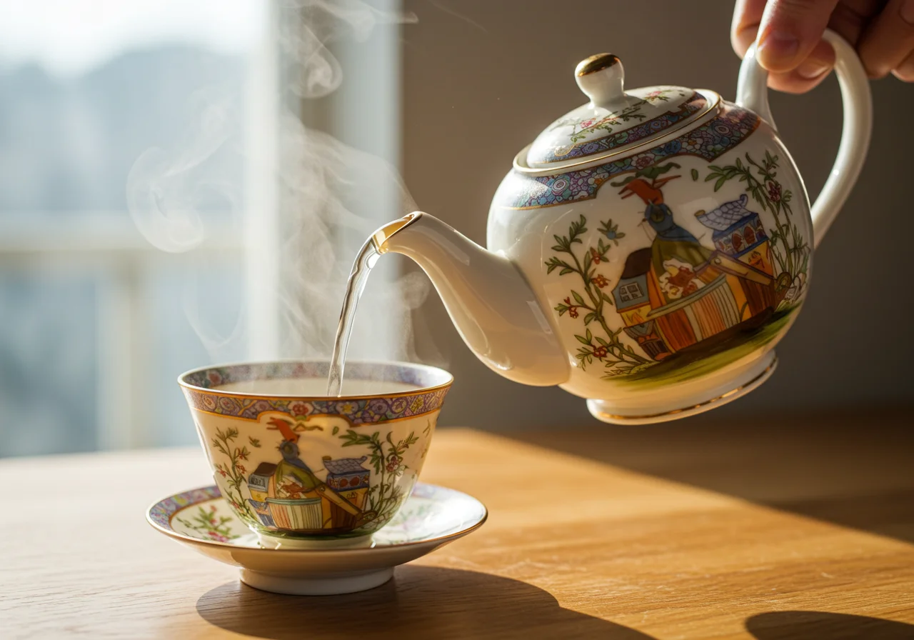 Kukicha tea being poured into a teapot for chá kukicha beneficios preparation.
