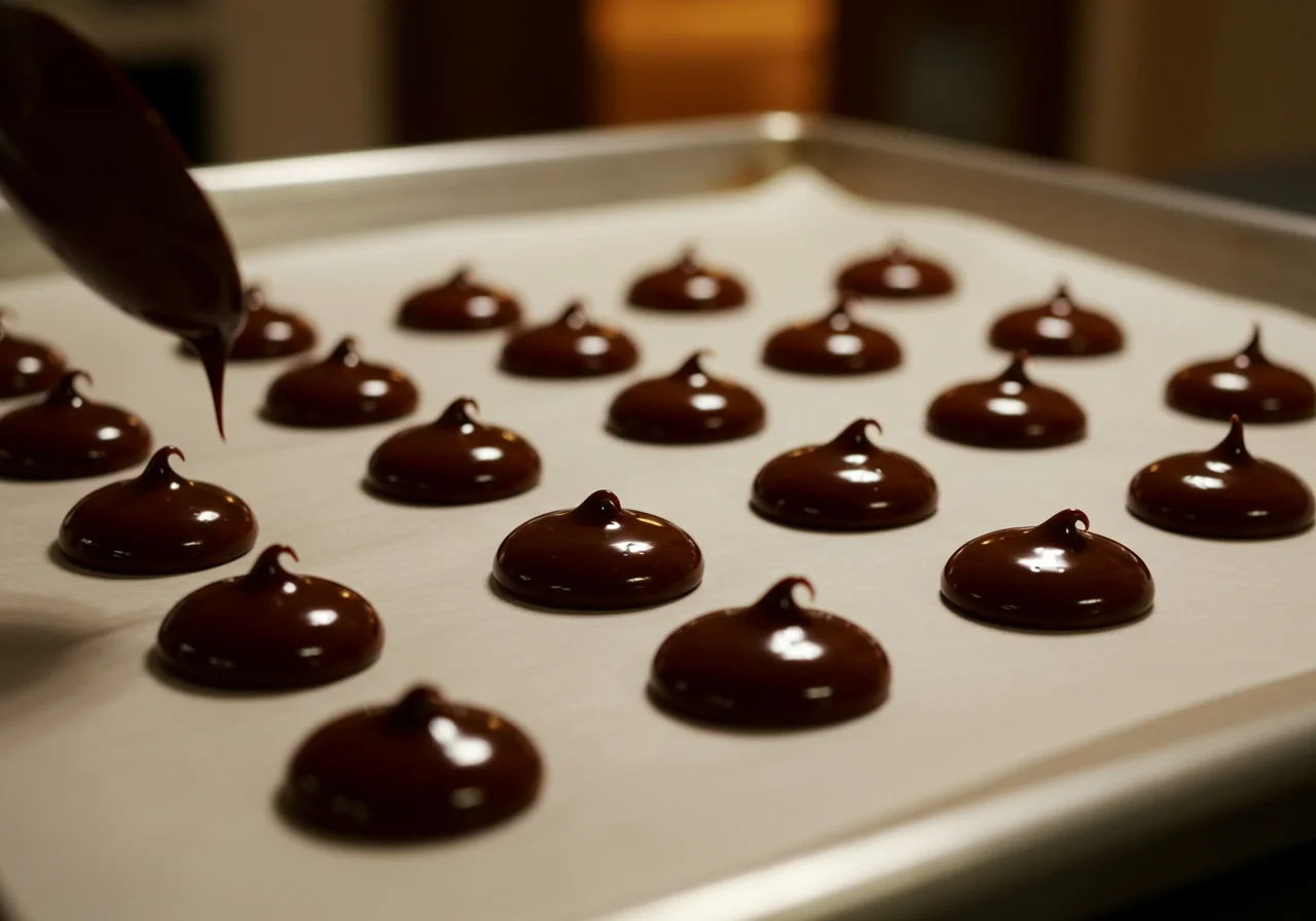 Individual conguitos being formed on parchment paper for Conguitos de Chocolate.