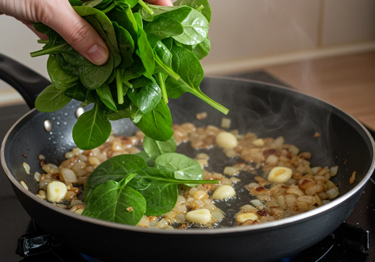 Adding fresh couve branca to the skillet for perfect couve branca refogada dish.