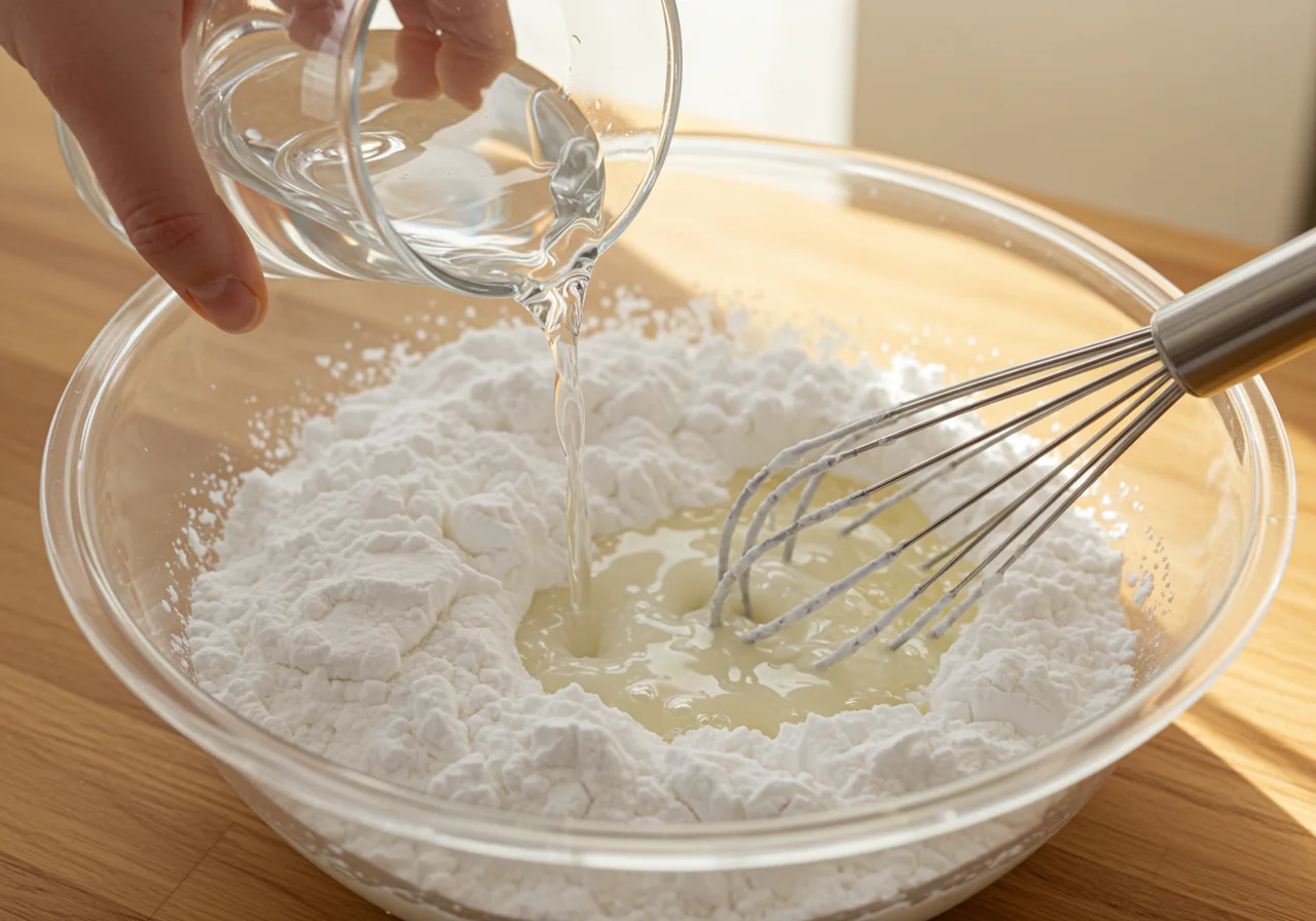 Mixing warm water with fécula de batata to create a smooth batter.