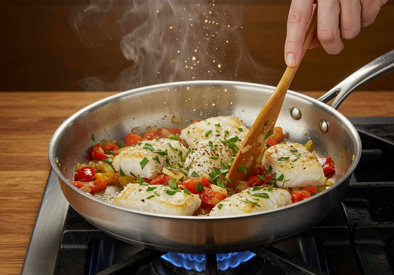 Mixing cod and vegetables in a pan for the Festa do Bacalhau.