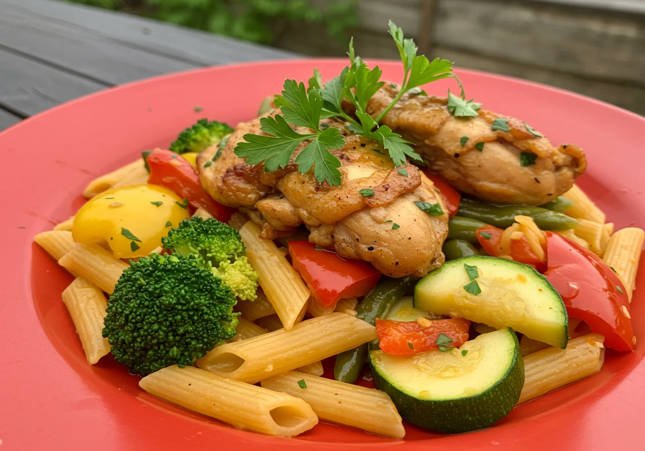 Prato de frango com esparguete, uma refeição leve e saborosa, perfeita para o jantar.