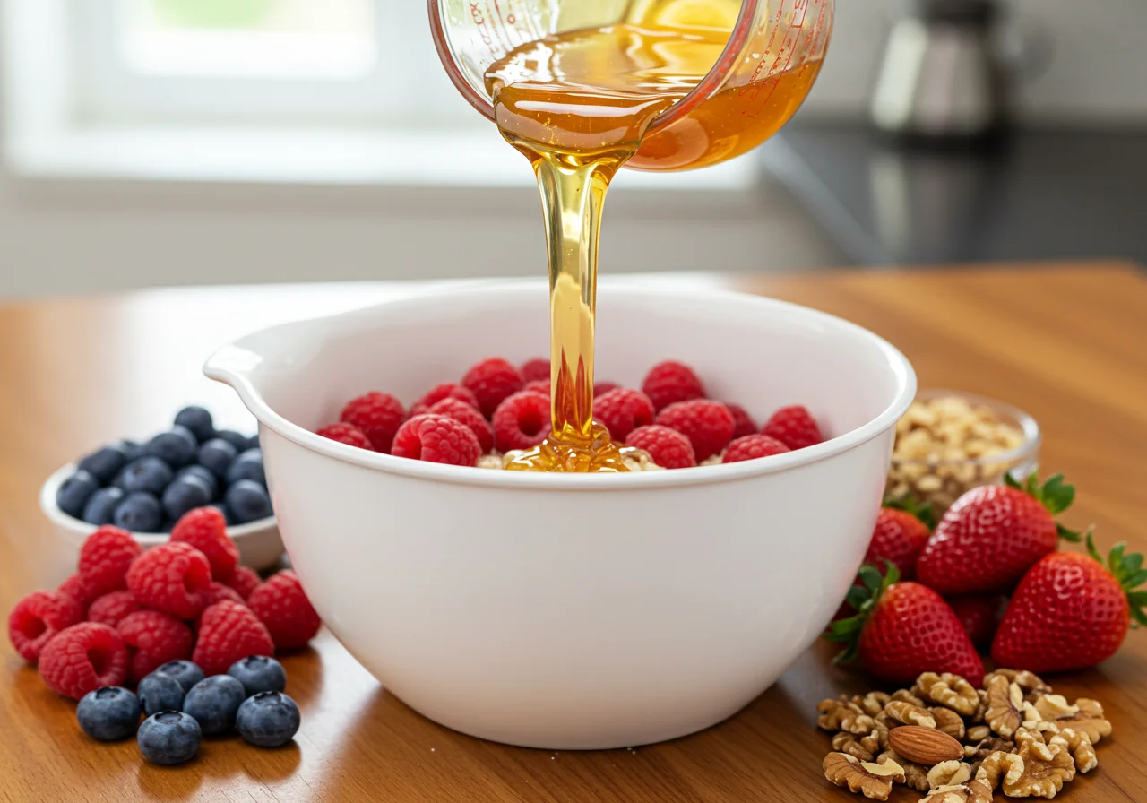 Adicionando mel a receita de iogurte skyr proteico, ingredientes frescos ao redor.